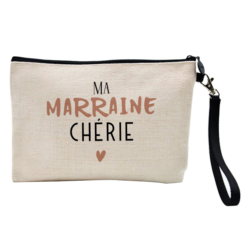 Pochette Trousse à crayons et maquillage - Lin - Cadeau baptême - imprimé Ma marraine chérie