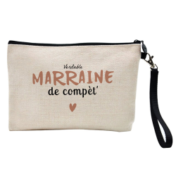 Pochette Trousse à crayons et maquillage - Lin - Cadeau baptême - imprimé Véritable marraine de compète