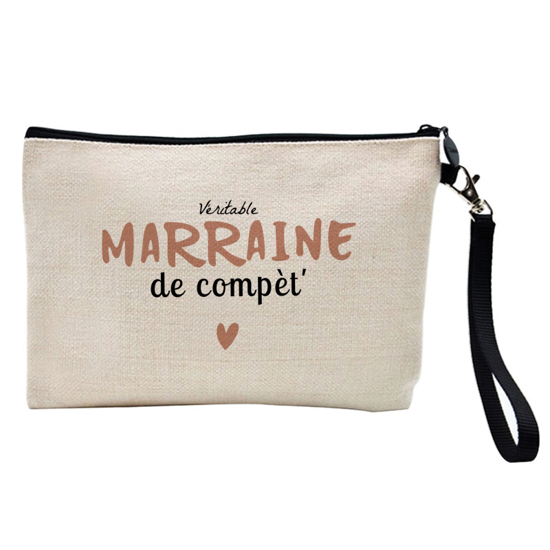 Pochette Trousse à crayons et maquillage - Lin - Cadeau baptême - imprimé Véritable marraine de compète