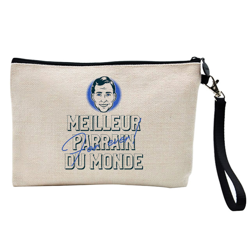 Pochette Trousse à crayons et maquillage - Lin - Cadeau baptême - imprimé Meilleur parrain for ever