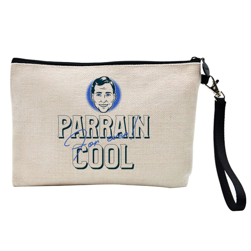 Pochette Trousse à crayons et maquillage - Lin - Cadeau baptême - imprimé Parrain cool for ever