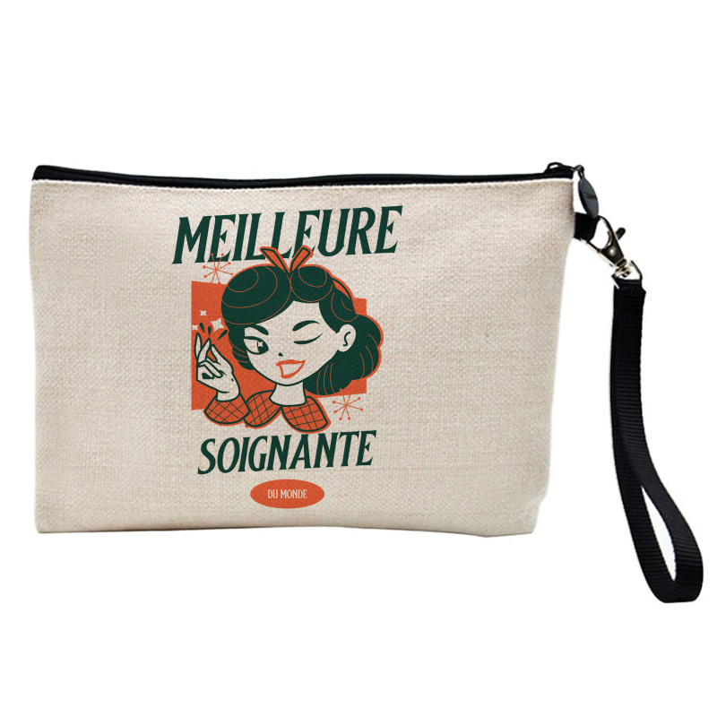 Pochette Trousse à crayons et maquillage - Lin - Cadeau métiers - Meilleure soignante du monde