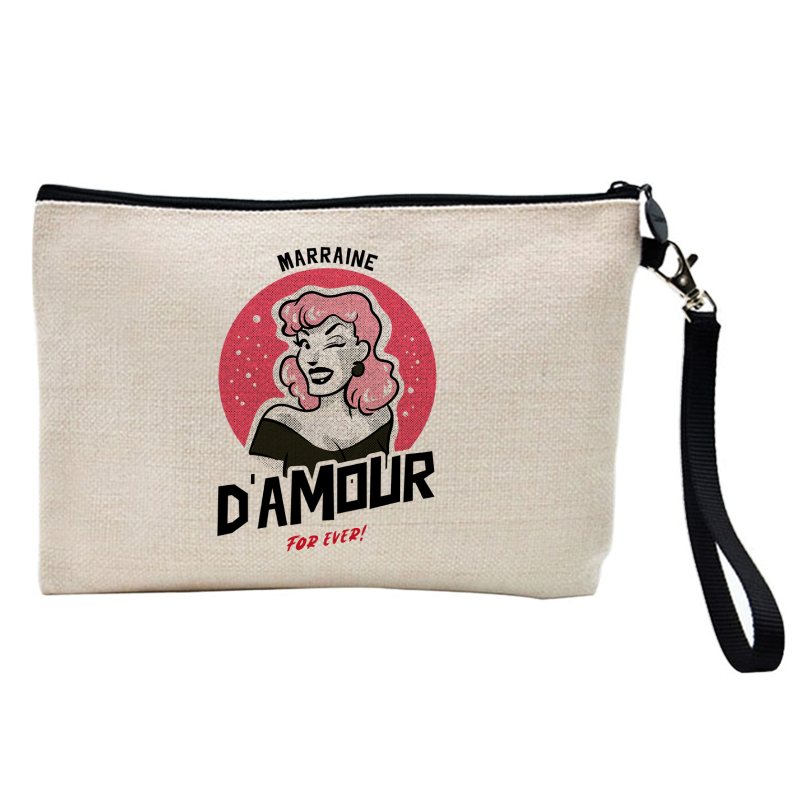 Pochette Trousse à crayons et maquillage - Lin - Cadeau baptême - Marraine d'amour for ever