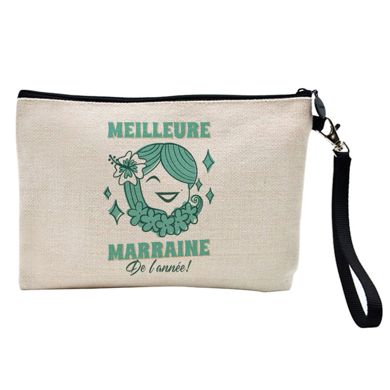 Pochette Trousse à crayons et maquillage - Lin - Cadeau Baptême - Meilleure marraine de l'année