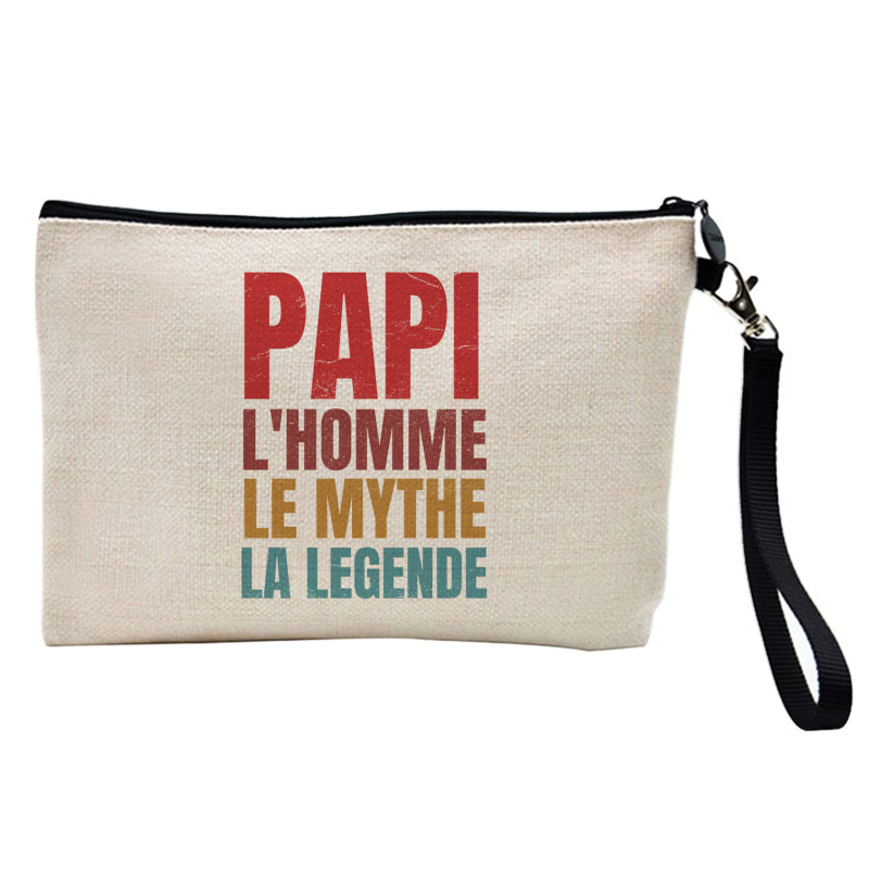 Pochette Trousse à crayons et maquillage - Lin - Cadeau famille humour - papi l'homme le mythe la légende