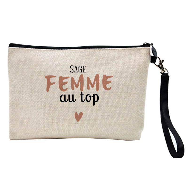 Pochette Trousse à crayons et maquillage - Lin - Cadeau métiers - Sage femme au top