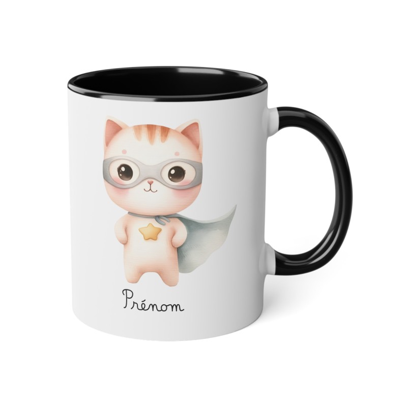 Mug tasse enfant personnalisable avec prénom - Céramique - Cadeau unique - Animaux super héros chat - France