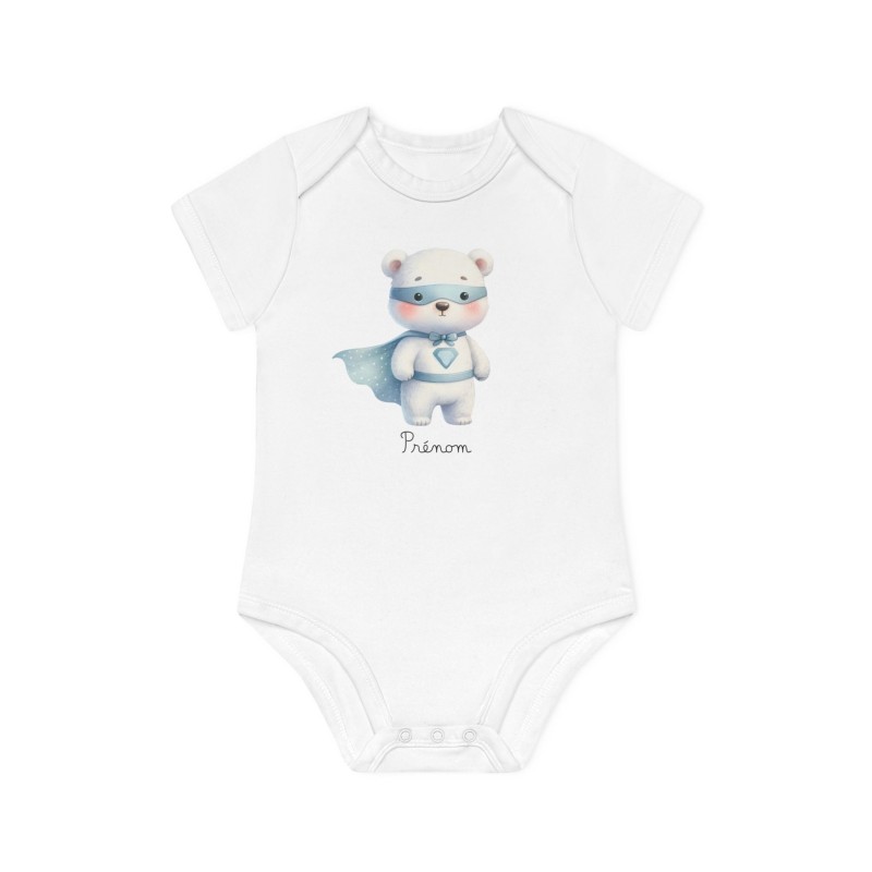 Body Bébé Drôle - Imprimé personnalisable avec prénom - Cadeau Naissance Original et unique - Ours blanc super héros