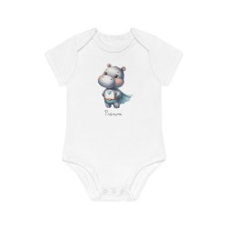 Body Bébé Drôle - Imprimé personnalisable avec prénom - Cadeau Naissance Original et unique - Hippopotame super héros